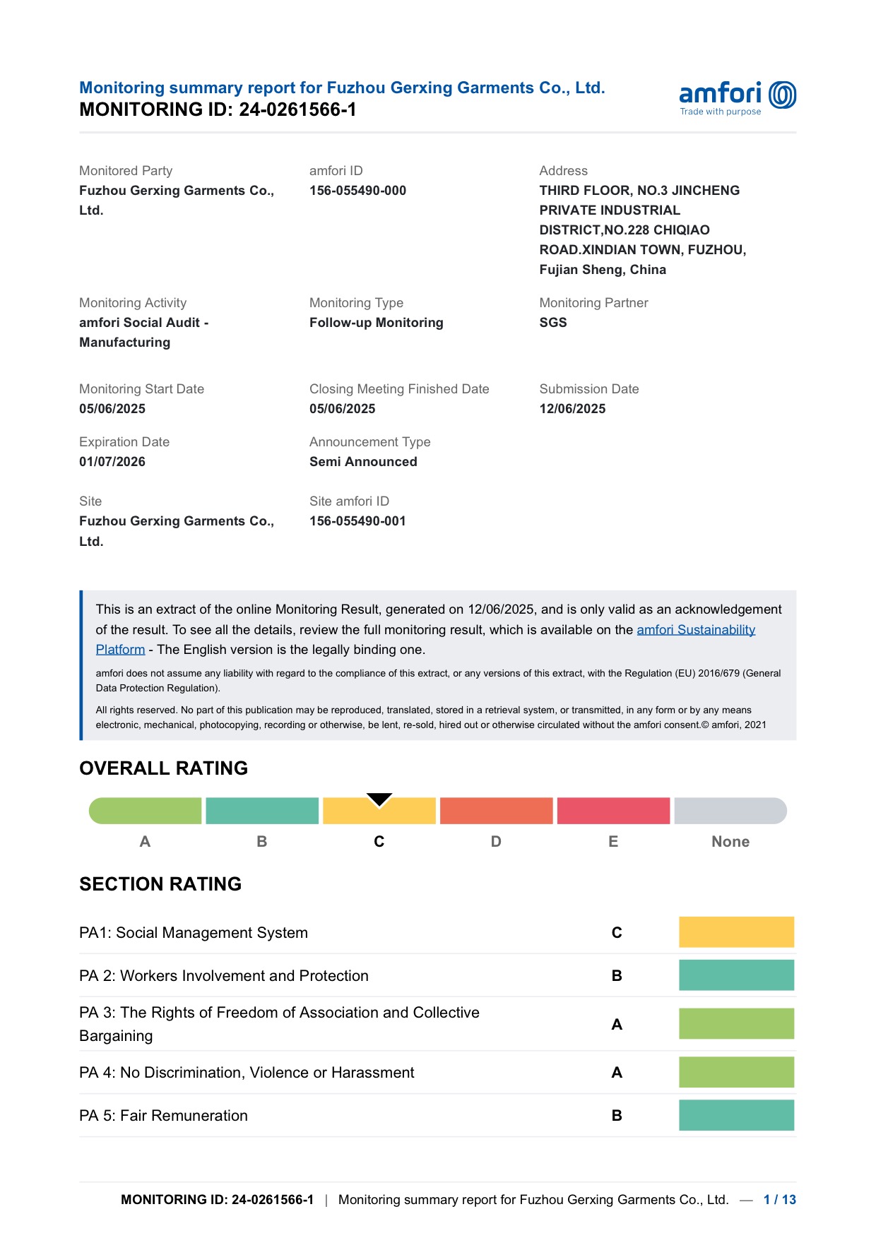 Fuzhou Gerxing historical BSCI certificate first page
