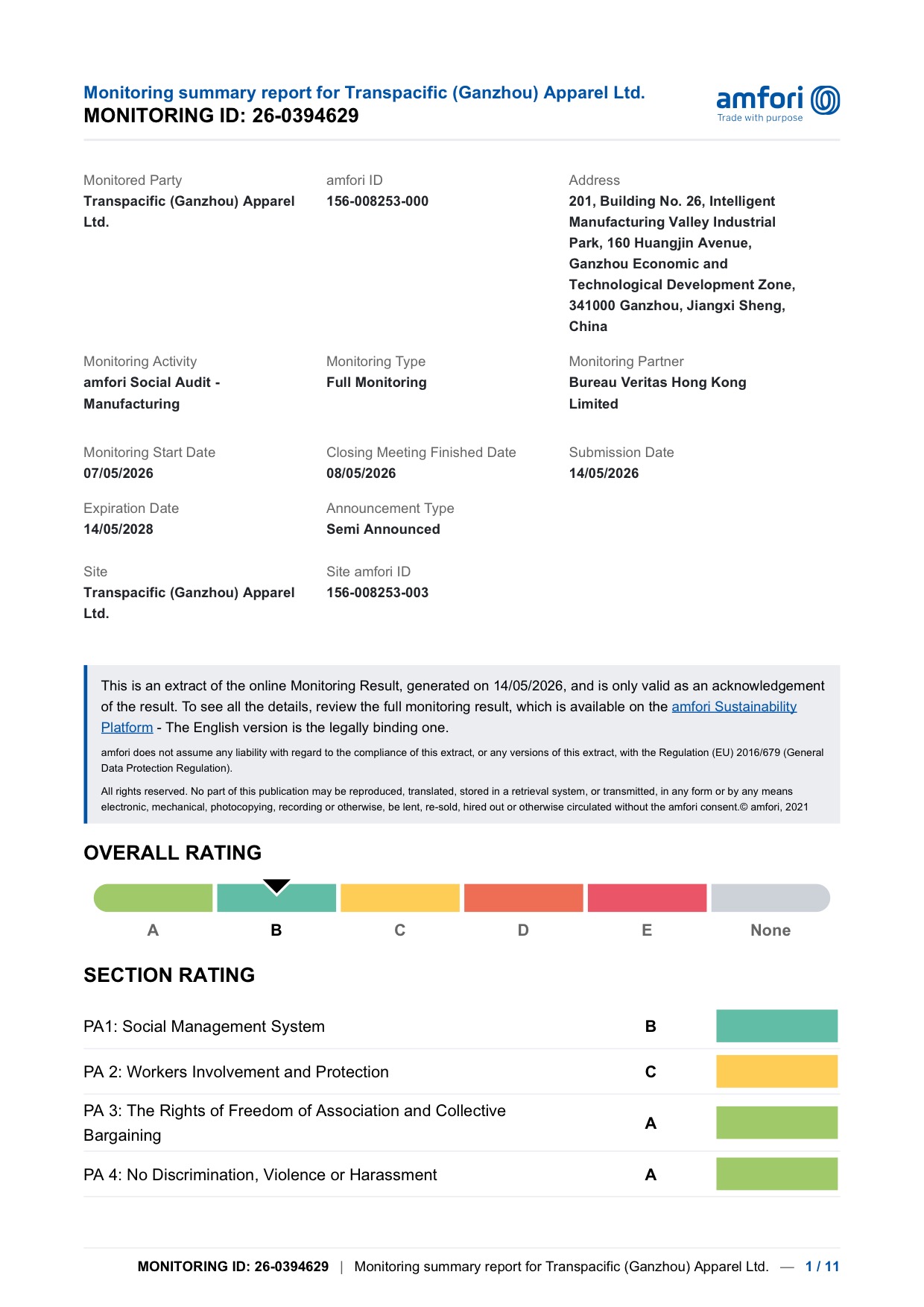 Transpacific Ganzhou BSCI certificate first page