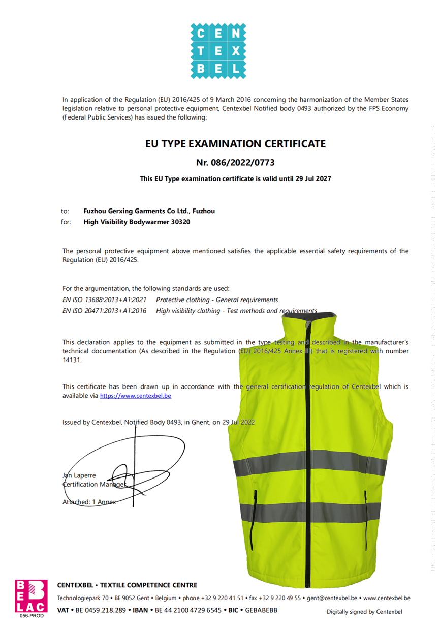 Centexbel EU Type Examination Certificate for SGM20012CG high visibility vest